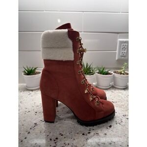 Stuart‎ Weitzman Lace-Up Suede Heeled Boots Pinkish Brown Shearling Cuff 8.5